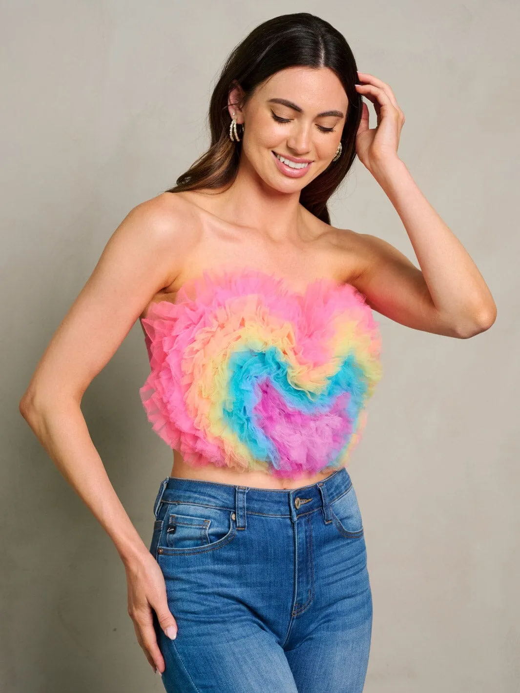 WOMEN'S SLEEVELESS COLORBLOCK RUFFLE TUBE CROP TOP