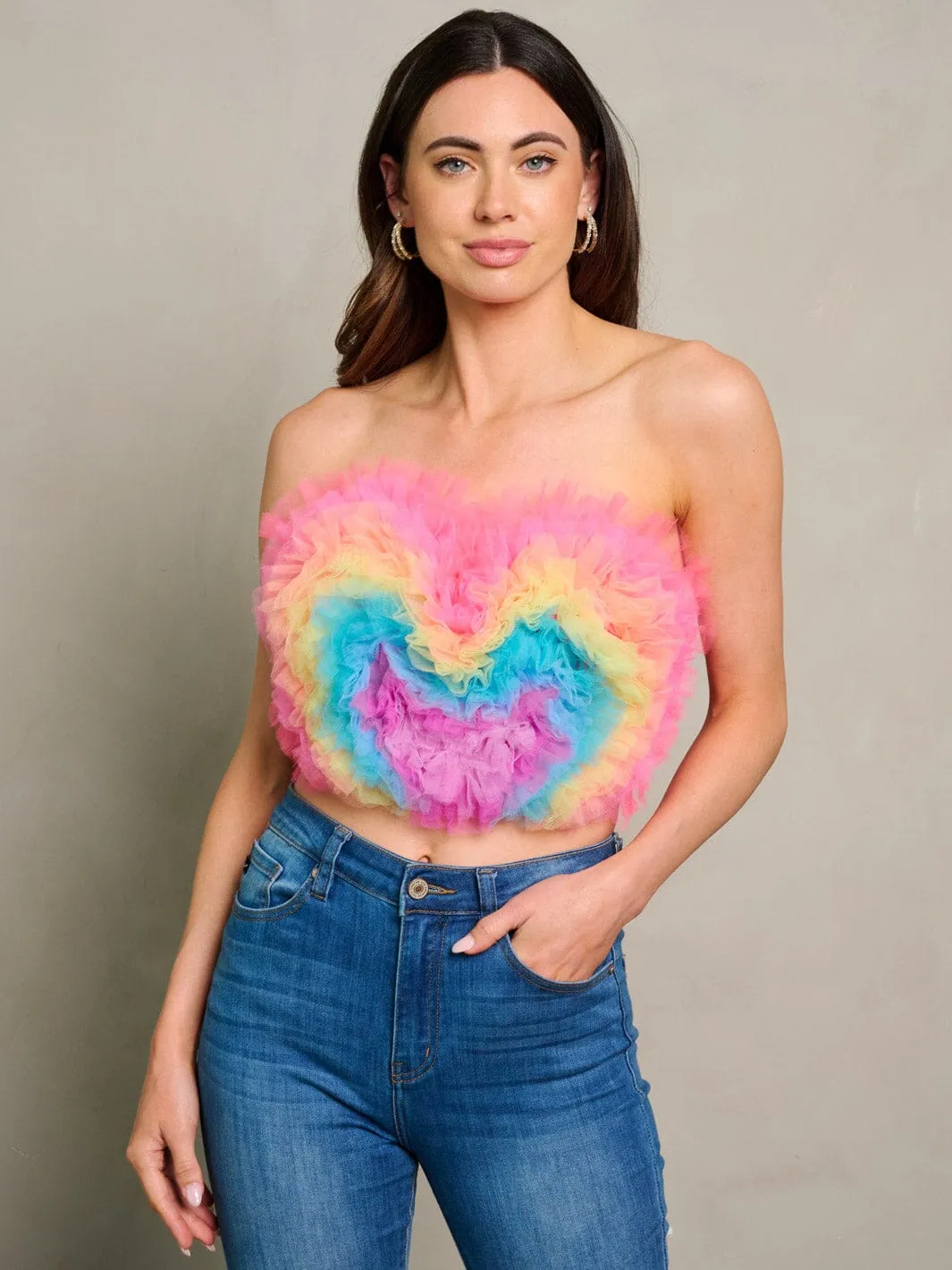 WOMEN'S SLEEVELESS COLORBLOCK RUFFLE TUBE CROP TOP