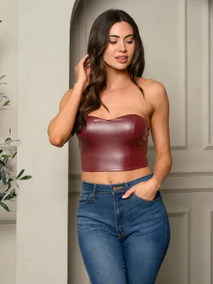 WOMEN'S SLEEVELESS PU PLEATHER TUBE CROP TOP