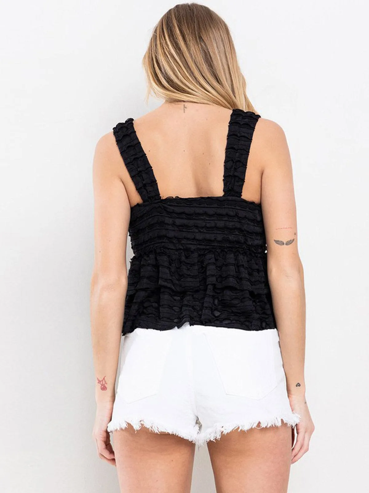 WOMEN'S SLEEVELESS RUCHED DETAILED SQUARE NECK PEPLUM TANK TOP
