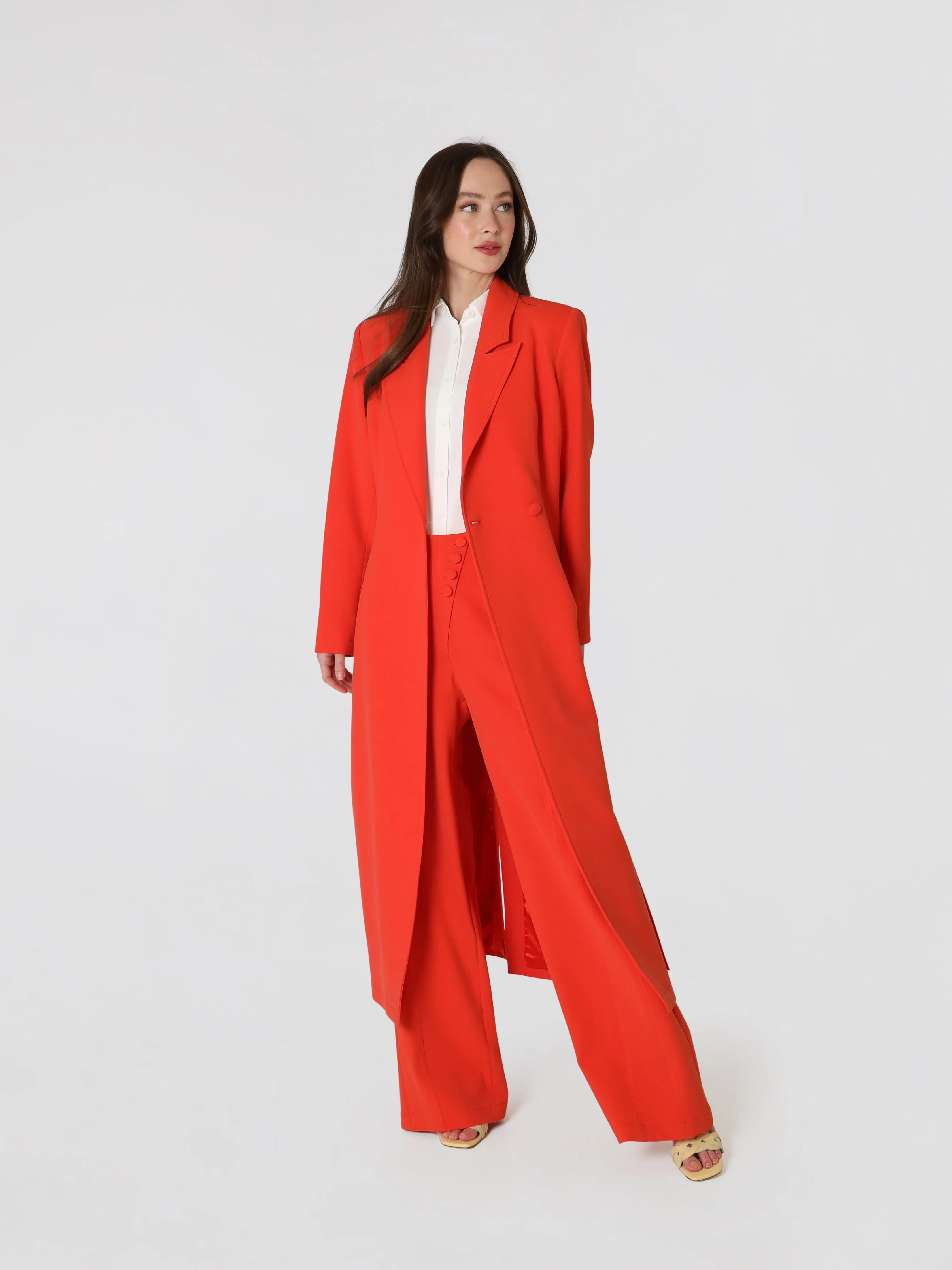 Women's Straight Pants with Slanted Button In Red Orange