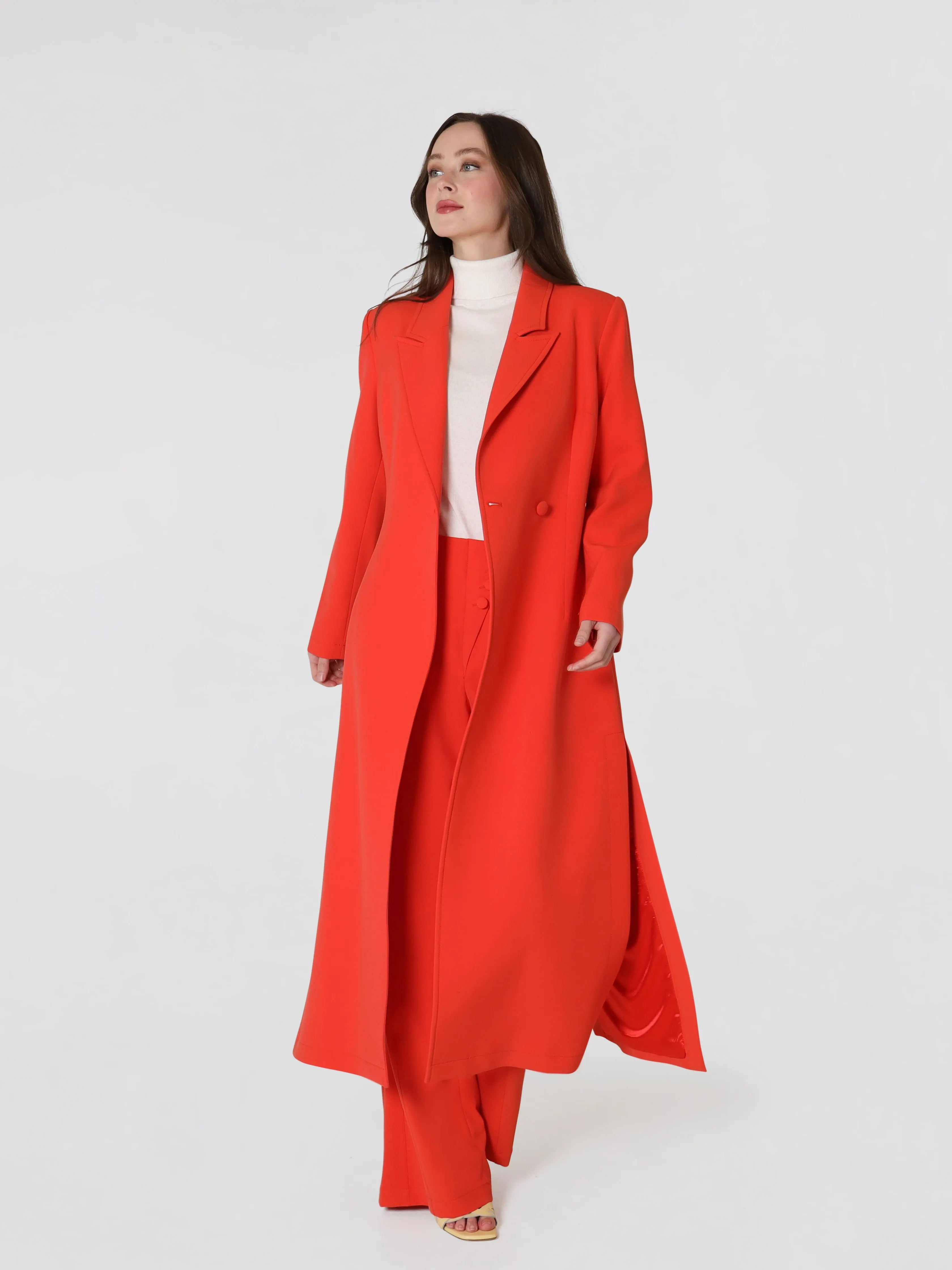 Women's Straight Pants with Slanted Button In Red Orange