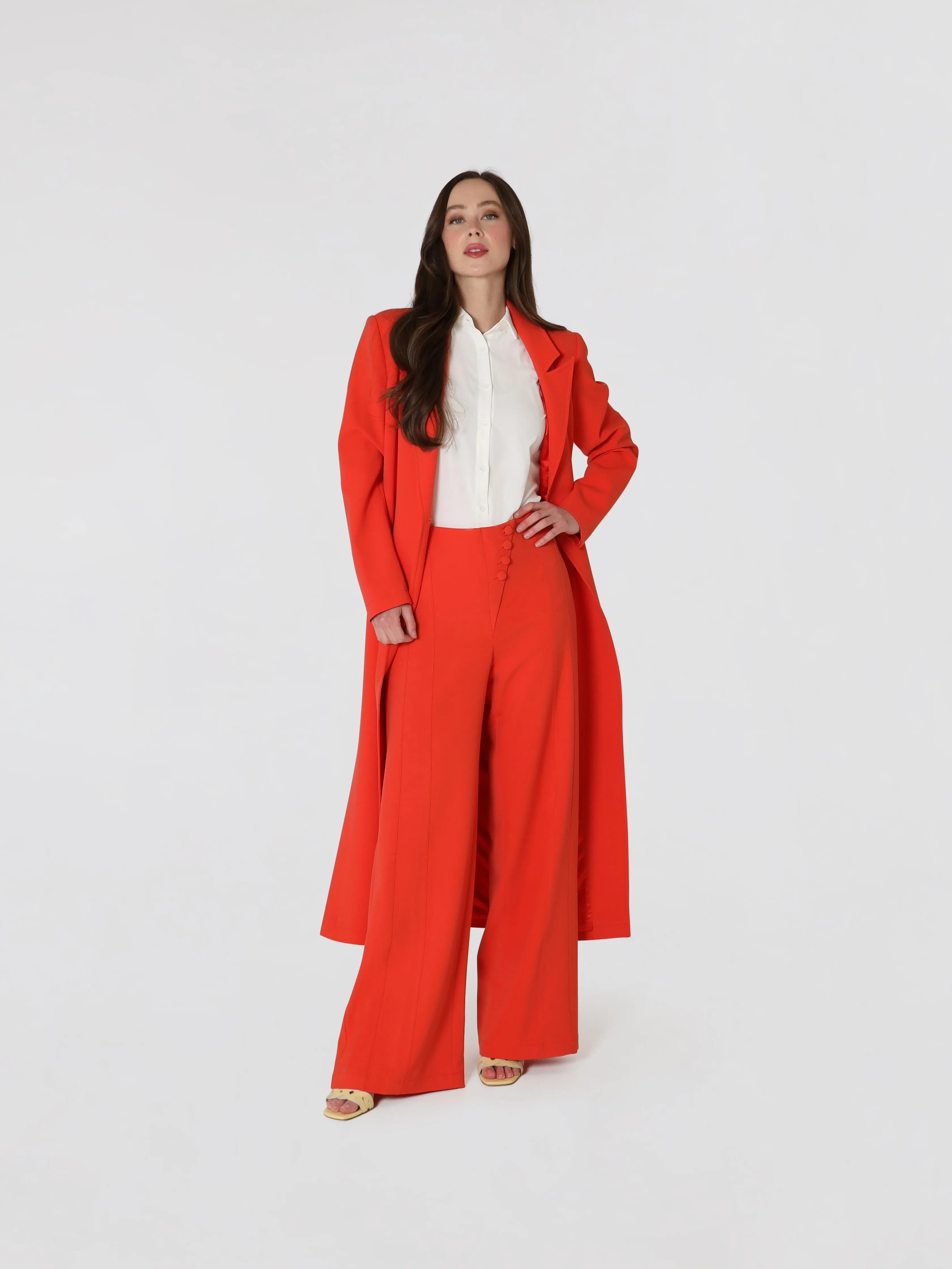 Women's Straight Pants with Slanted Button In Red Orange