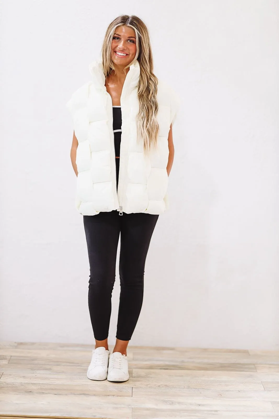 Woven Checks Puffer Vest -Ivory (FINAL SALE)