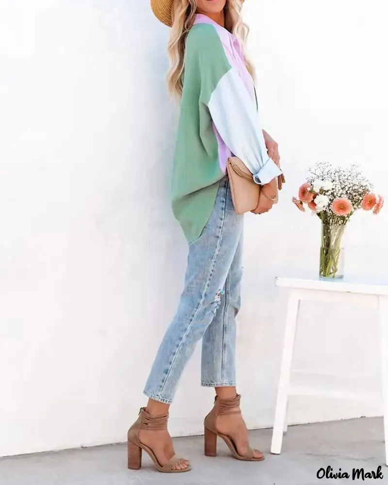 Xieyinshe - Color Block Long Sleeve Button Down Shirt