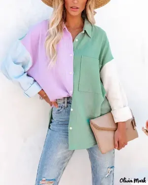 Xieyinshe - Color Block Long Sleeve Button Down Shirt