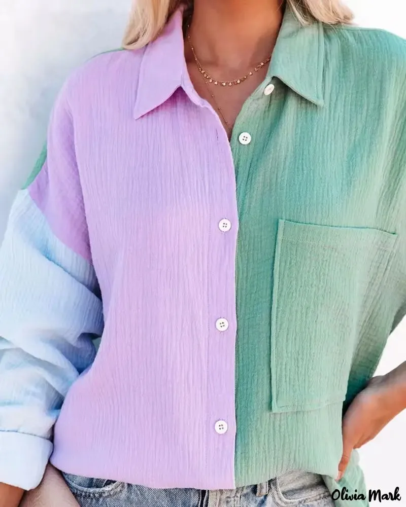 Xieyinshe - Color Block Long Sleeve Button Down Shirt