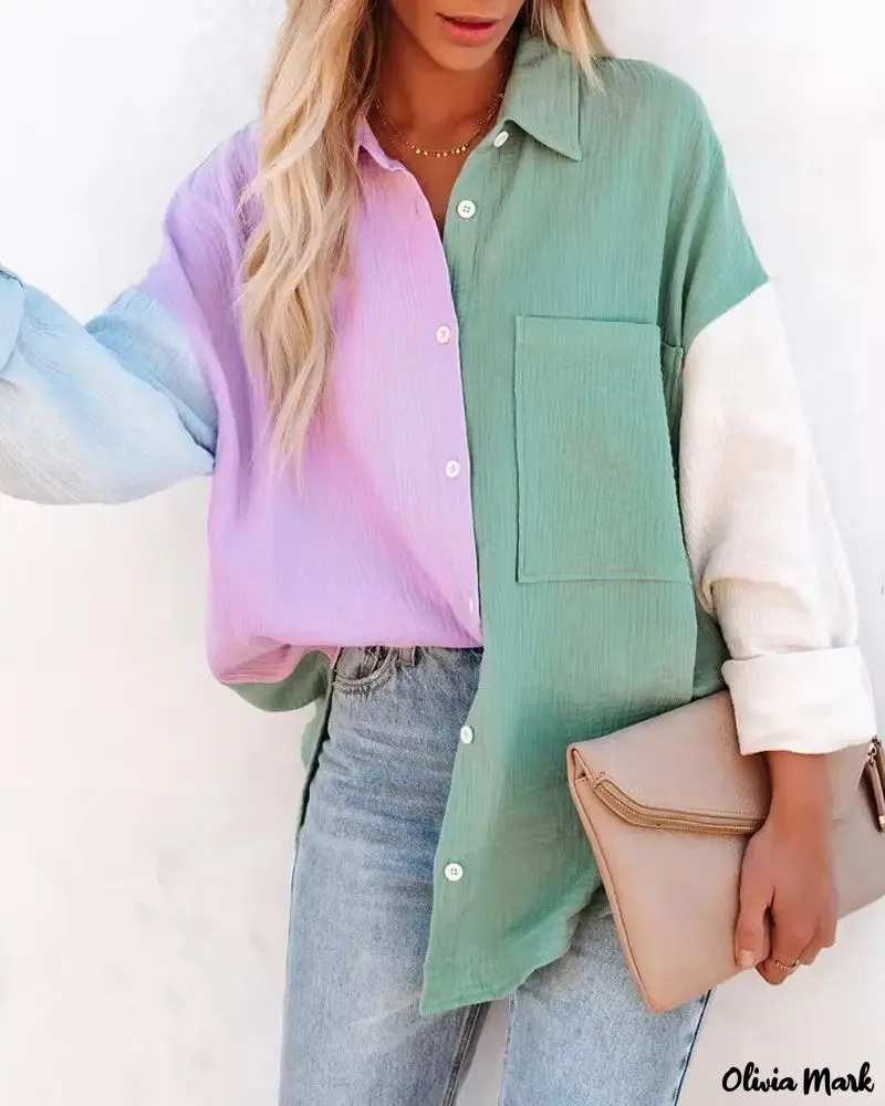 Xieyinshe - Color Block Long Sleeve Button Down Shirt