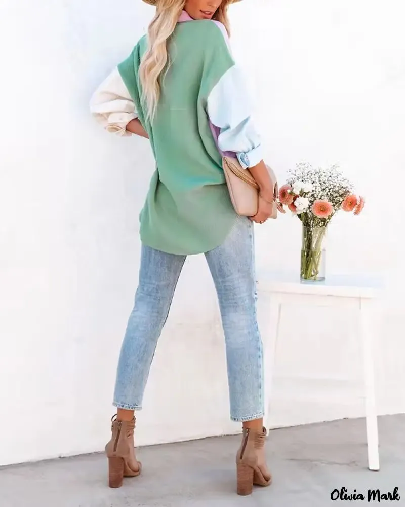 Xieyinshe - Color Block Long Sleeve Button Down Shirt