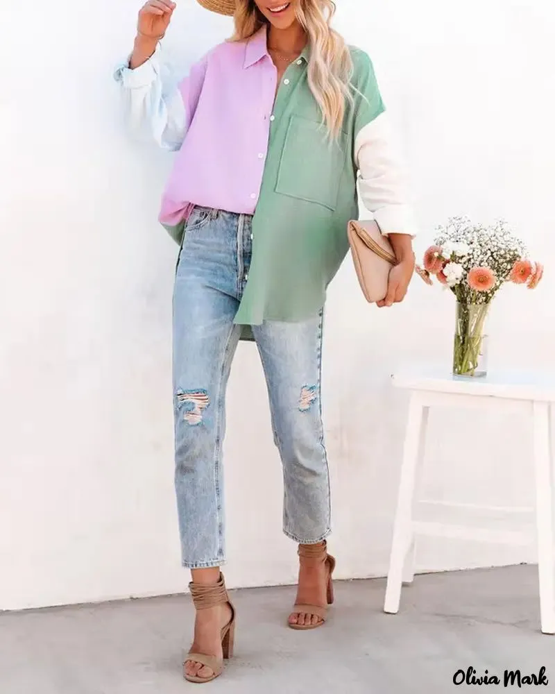 Xieyinshe - Color Block Long Sleeve Button Down Shirt