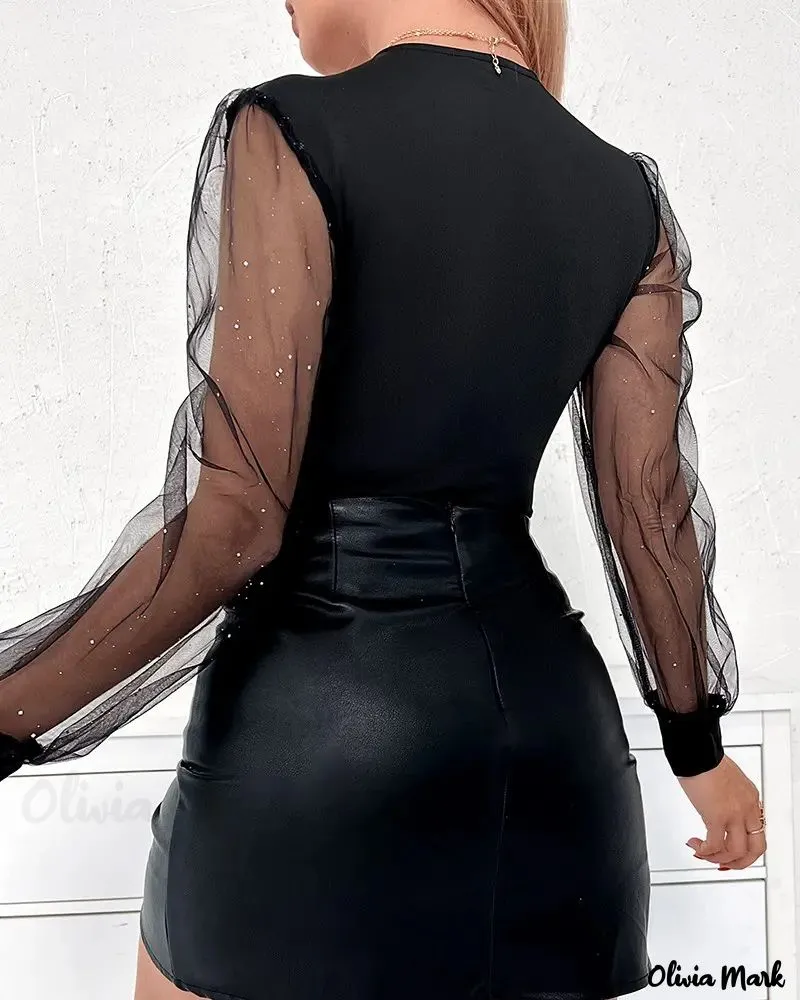 Xieyinshe - Glitter Contrast Mesh Long Sleeve Top