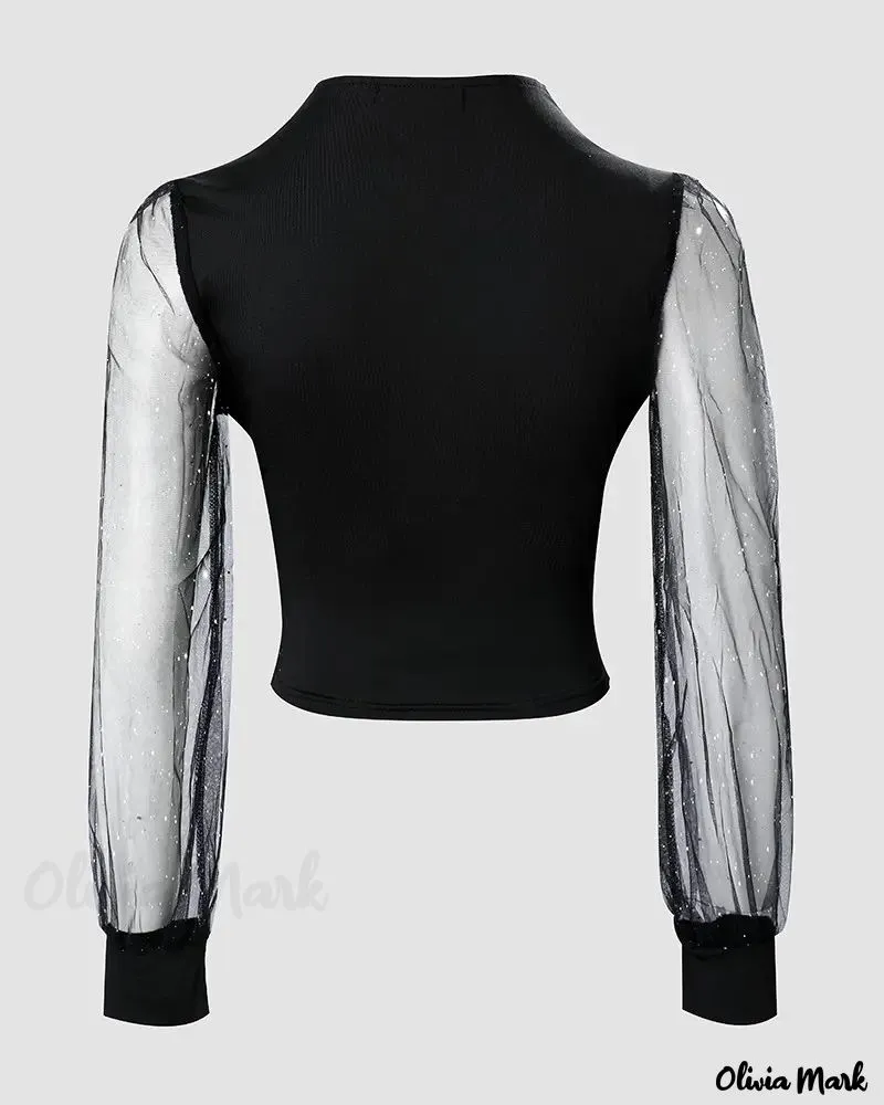 Xieyinshe - Glitter Contrast Mesh Long Sleeve Top
