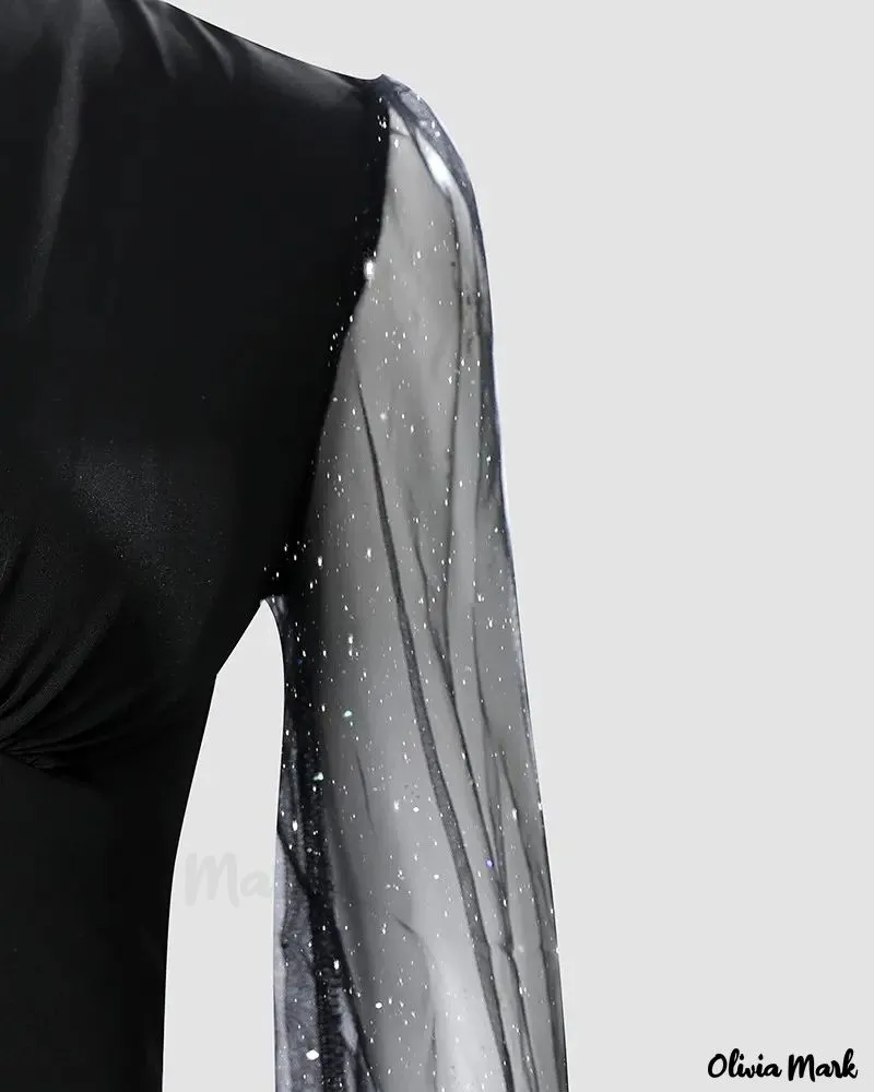 Xieyinshe - Glitter Contrast Mesh Long Sleeve Top