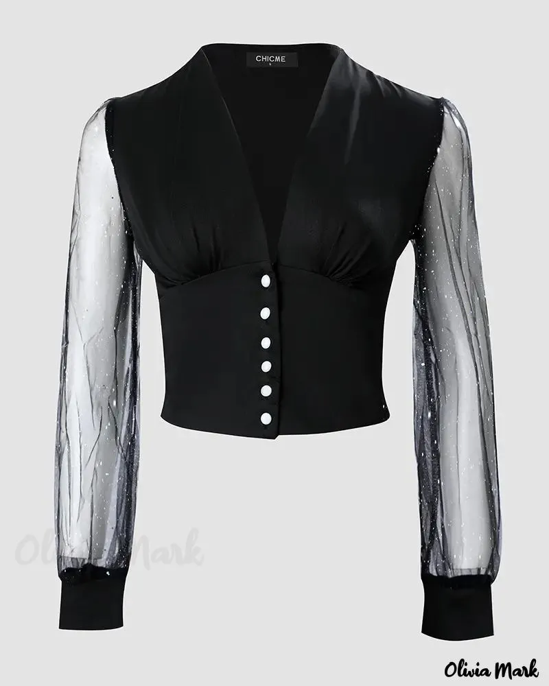 Xieyinshe - Glitter Contrast Mesh Long Sleeve Top