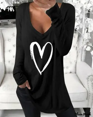 Xieyinshe - Heart Print Long Sleeve Blouse