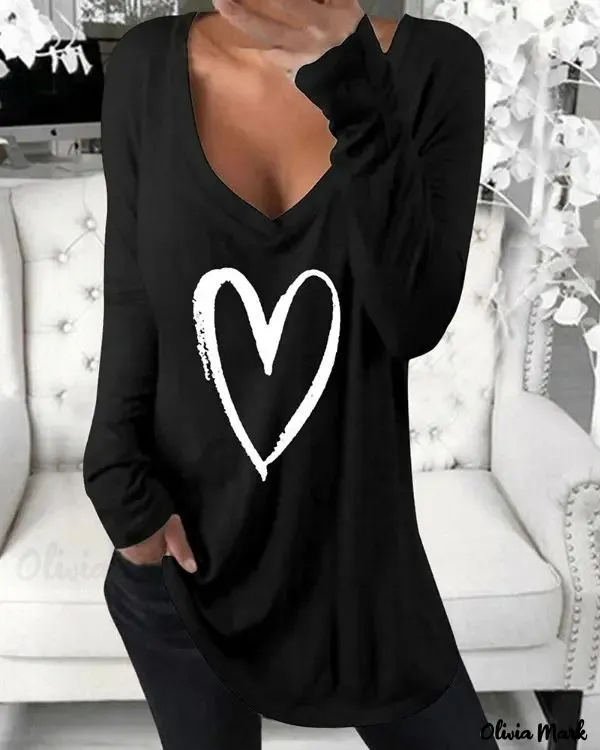 Xieyinshe - Heart Print Long Sleeve Blouse