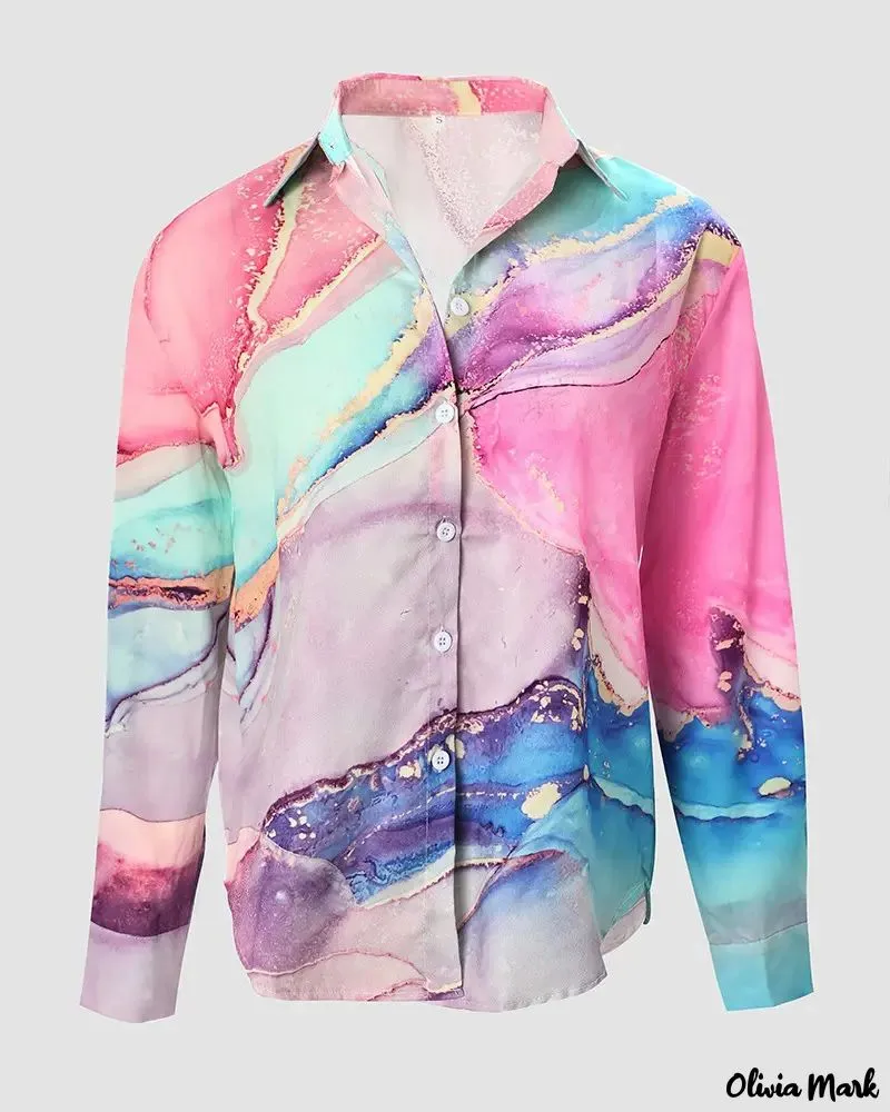 Xieyinshe - Marble Print Long Sleeve Button Down Shirt