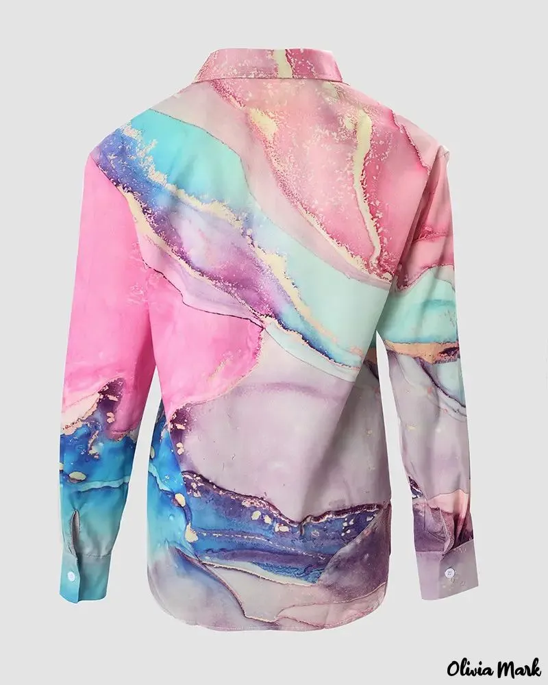 Xieyinshe - Marble Print Long Sleeve Button Down Shirt
