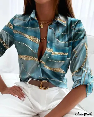 Xieyinshe - Marble Print Long Sleeve Button Down Shirt