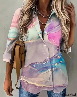 Xieyinshe - Marble Print Long Sleeve Button Down Shirt
