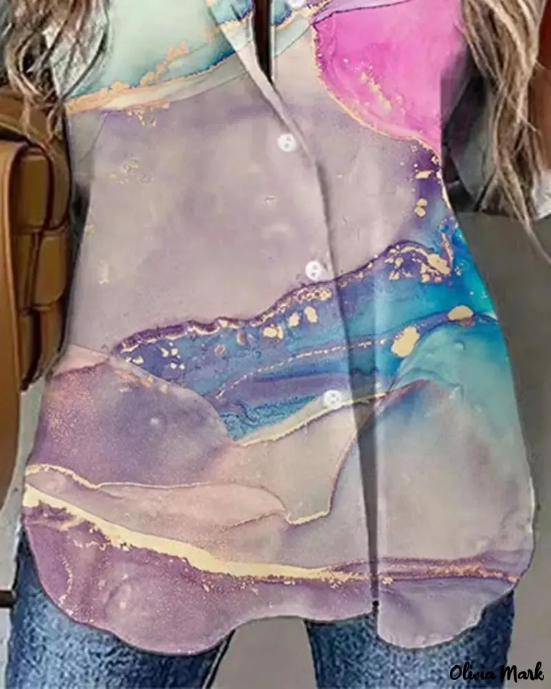 Xieyinshe - Marble Print Long Sleeve Button Down Shirt