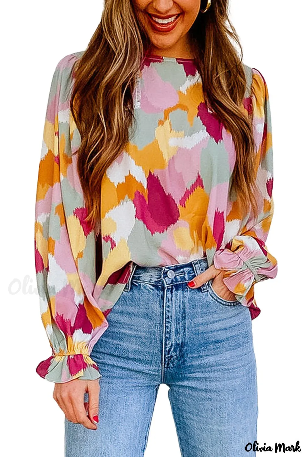 Xieyinshe - Multicolor Abstract Print Long Sleeve Blouse