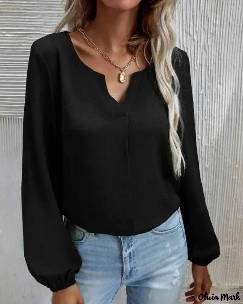 Xieyinshe - Solid Long Sleeve V-Cut Top