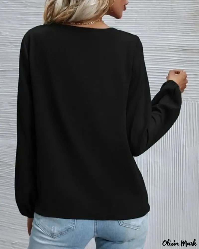 Xieyinshe - Solid Long Sleeve V-Cut Top