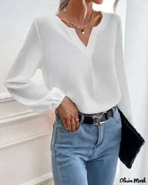 Xieyinshe - Solid Long Sleeve V-Cut Top