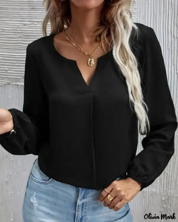 Xieyinshe - Solid Long Sleeve V-Cut Top