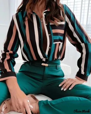 Xieyinshe - Striped Print Long Sleeve Button Down Shirt