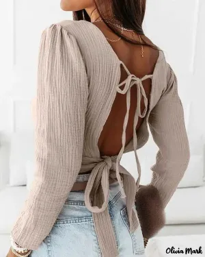 Xieyinshe - Tie Detail Long Sleeve Halter Top