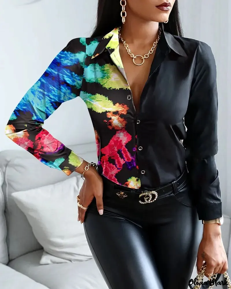 Xieyinshe - Tie-Dye Print Long Sleeve Button Down Shirt