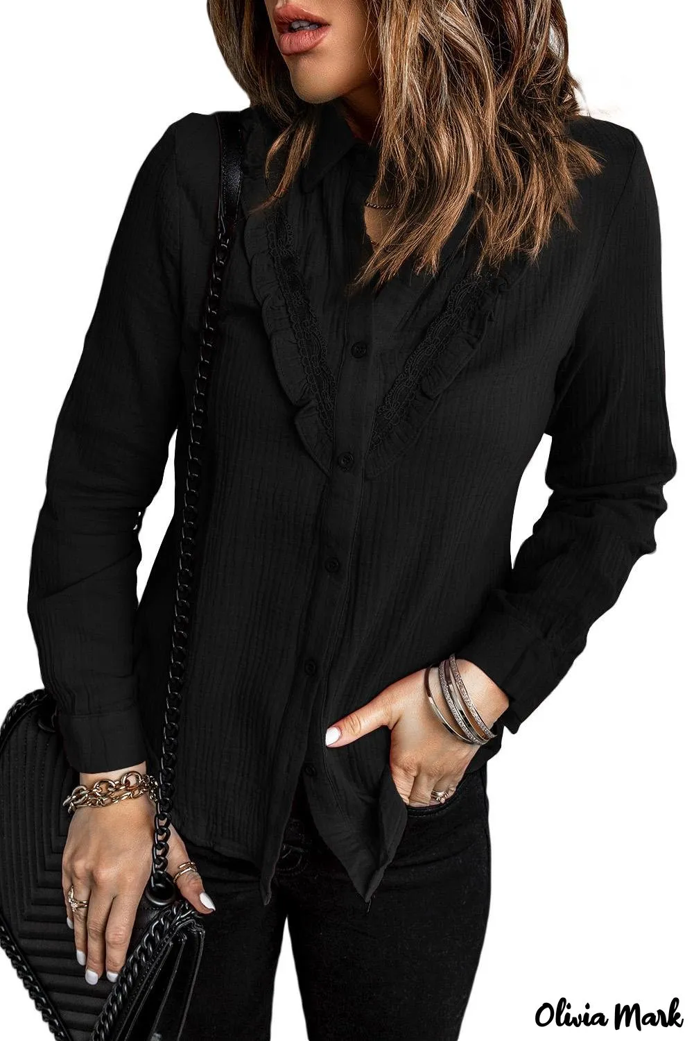 Xieyinshe - White Ruffle Crinkle Long Sleeve Shirt