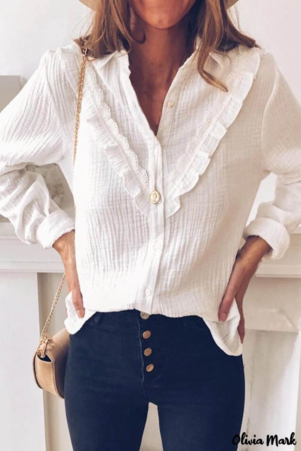 Xieyinshe - White Ruffle Crinkle Long Sleeve Shirt