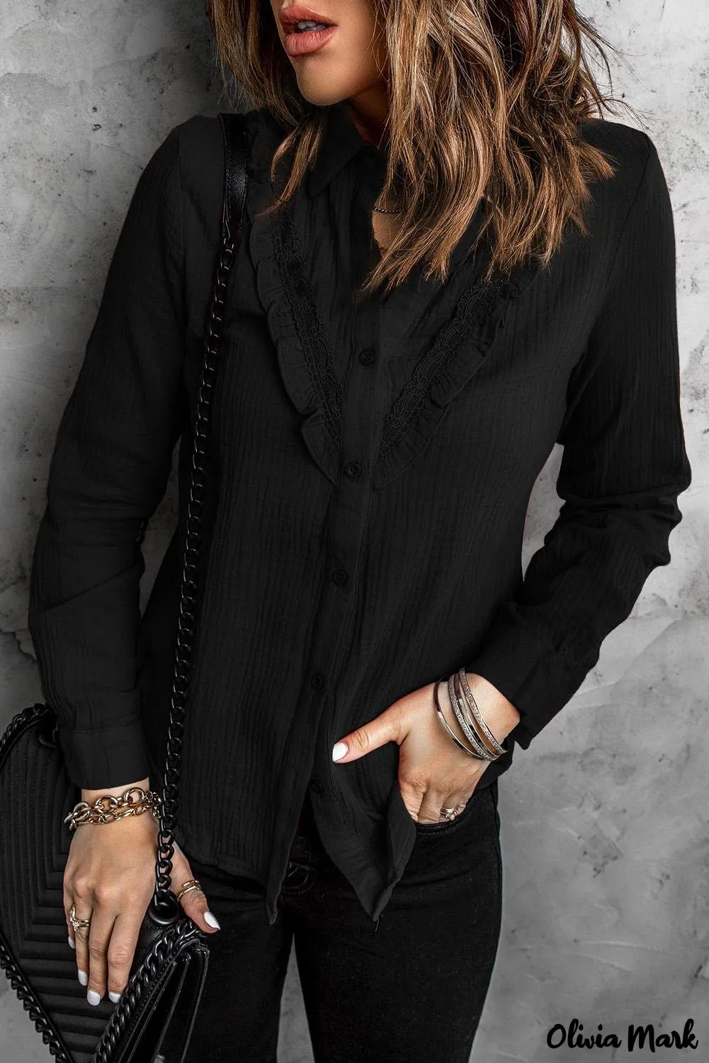 Xieyinshe - White Ruffle Crinkle Long Sleeve Shirt
