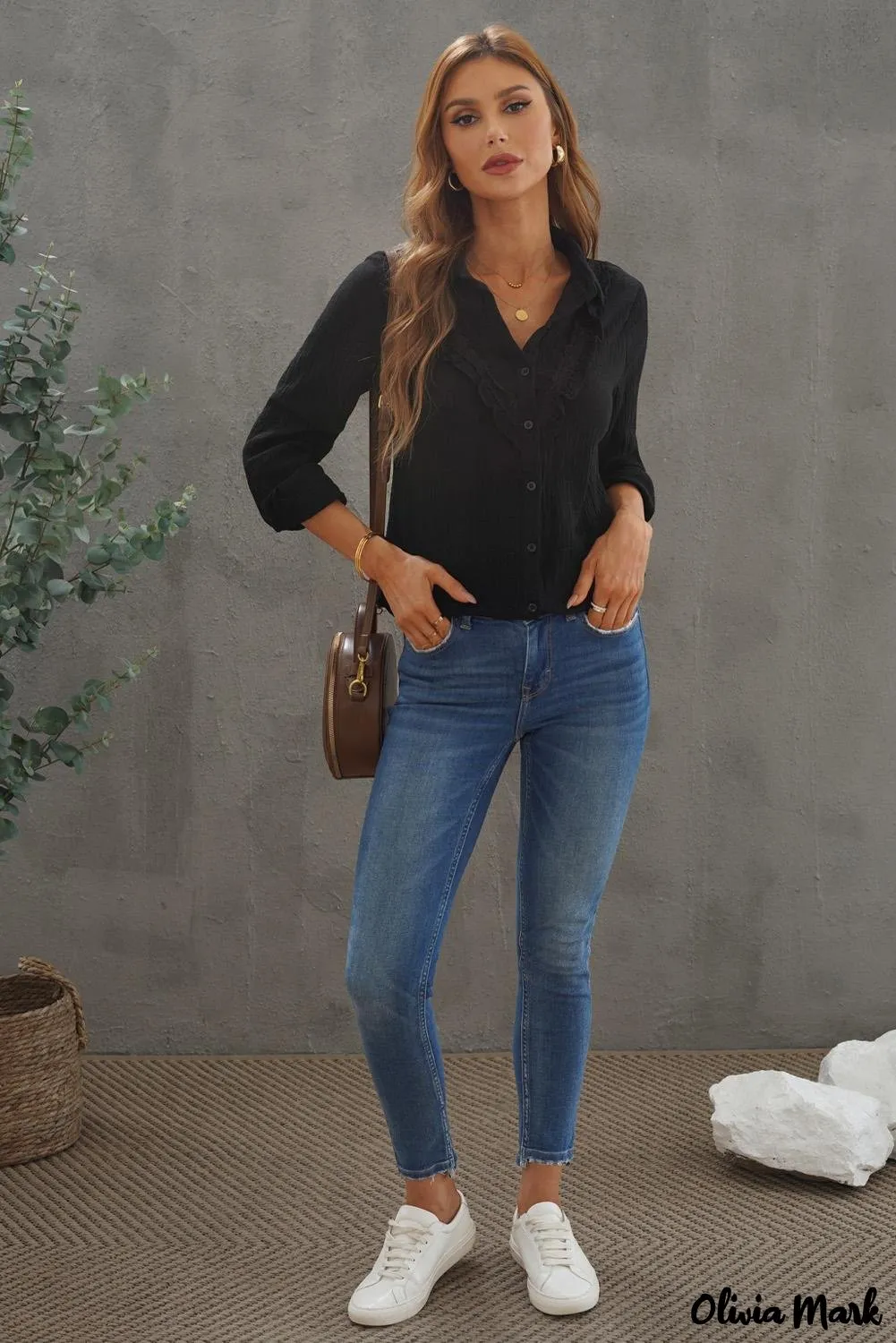 Xieyinshe - White Ruffle Crinkle Long Sleeve Shirt