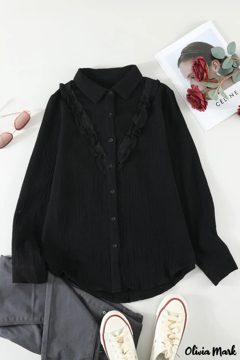 Xieyinshe - White Ruffle Crinkle Long Sleeve Shirt