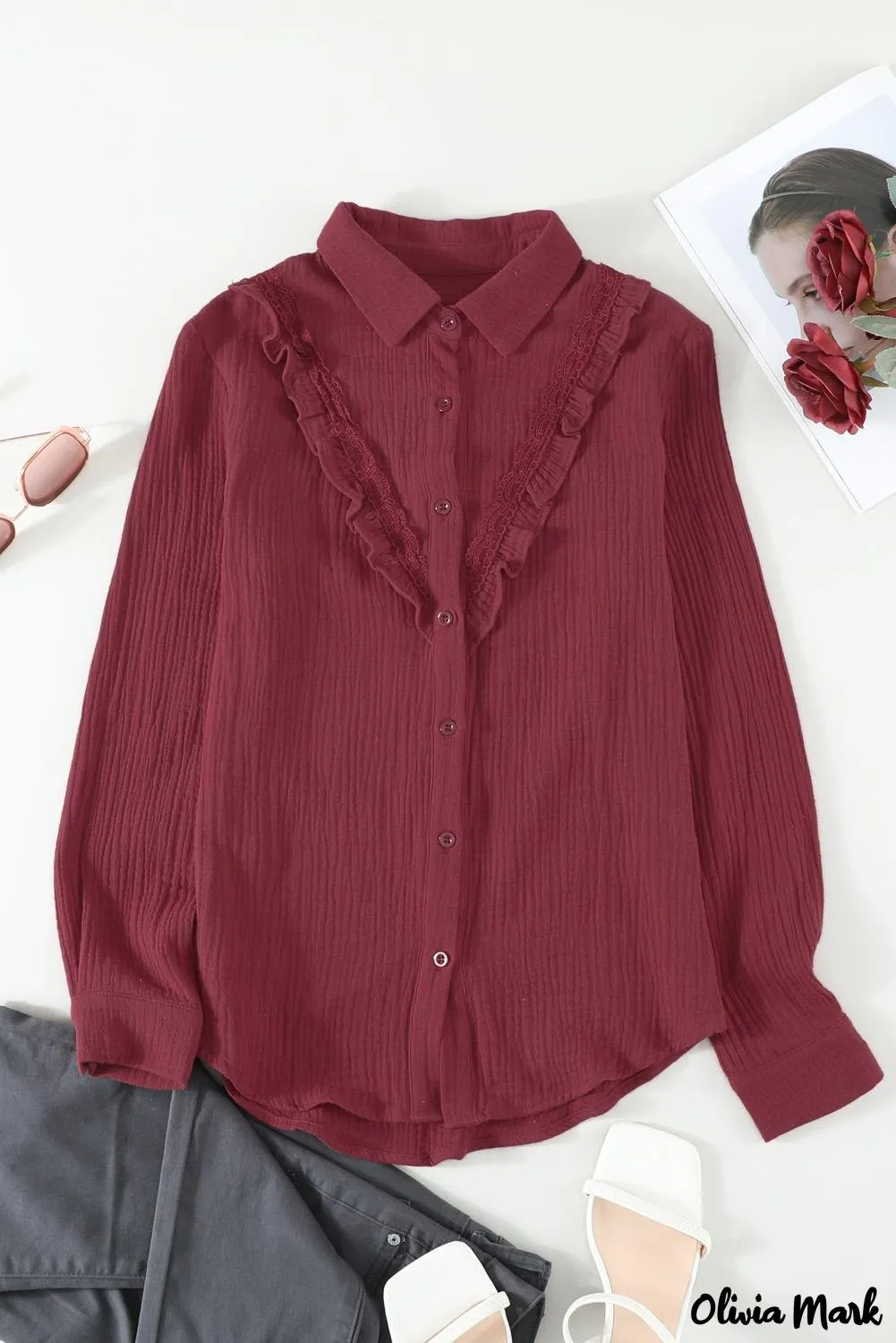 Xieyinshe - White Ruffle Crinkle Long Sleeve Shirt