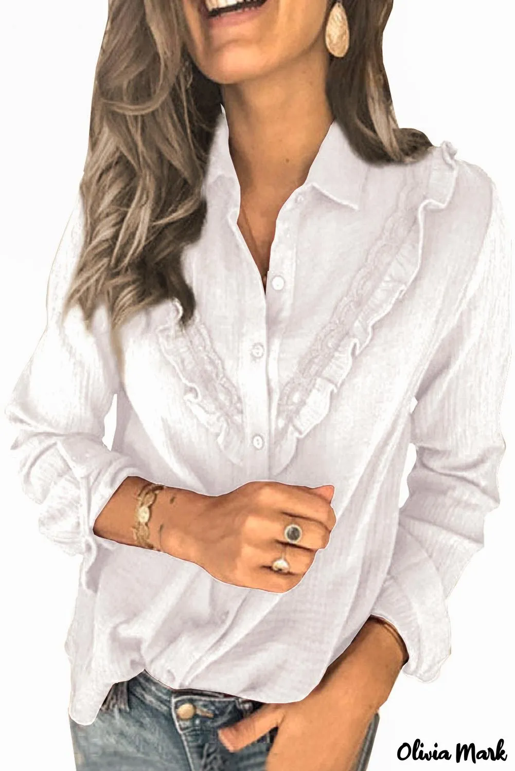Xieyinshe - White Ruffle Crinkle Long Sleeve Shirt