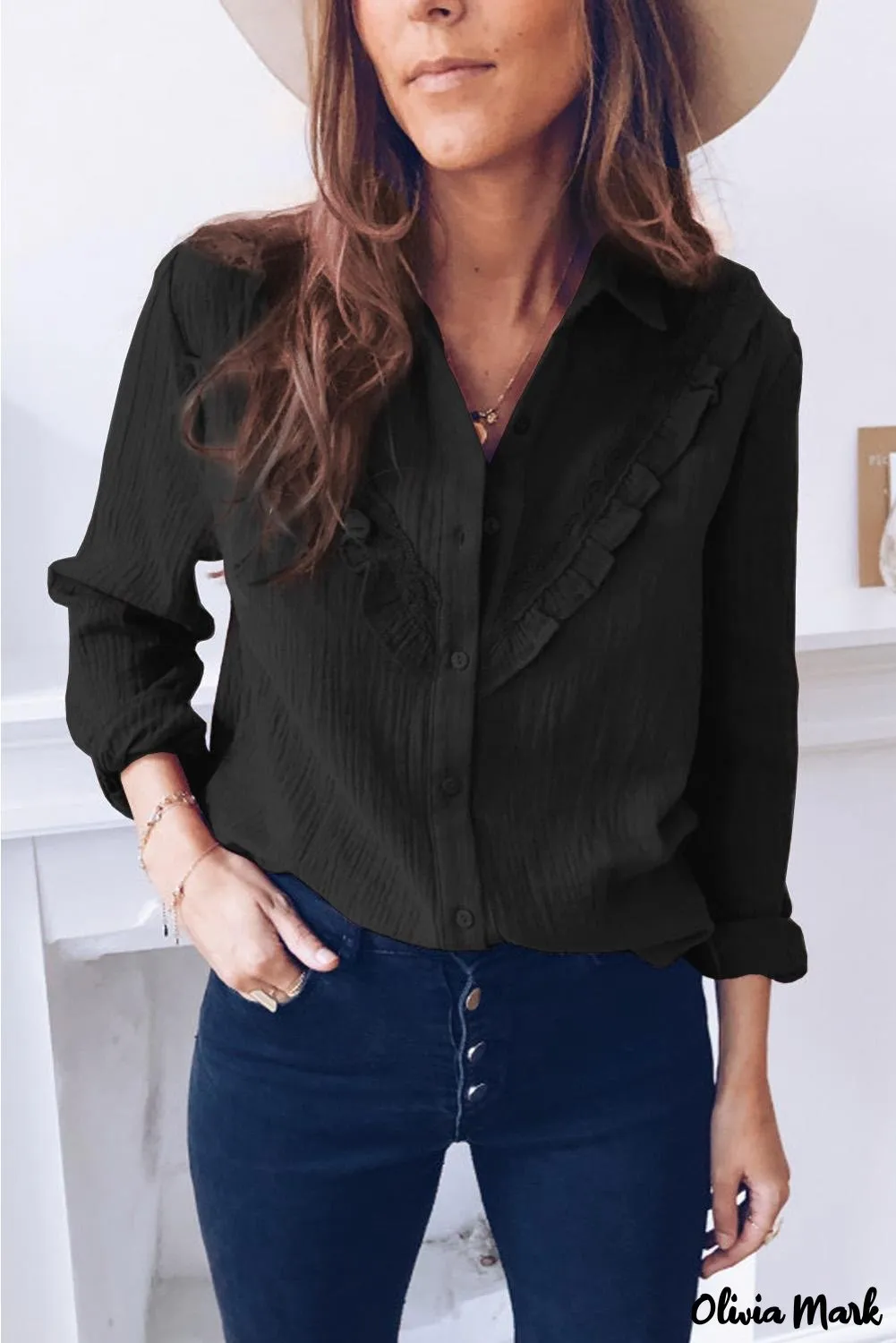 Xieyinshe - White Ruffle Crinkle Long Sleeve Shirt