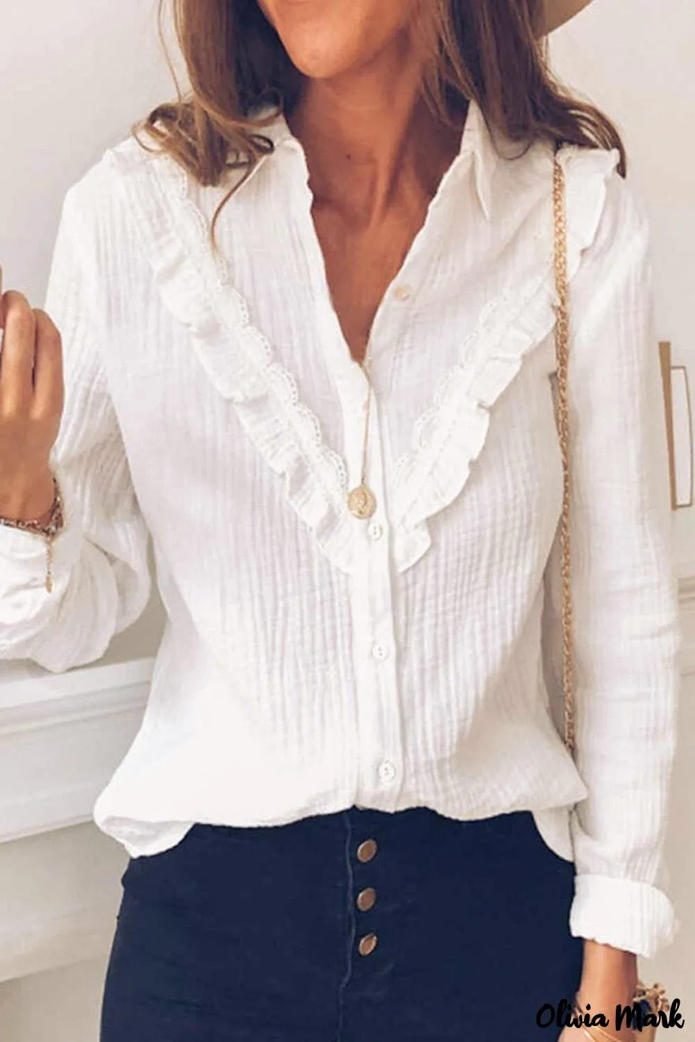 Xieyinshe - White Ruffle Crinkle Long Sleeve Shirt