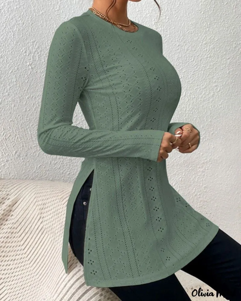 Xieyinshe - Womens Long Sleeve Eyelet Embroidery Slit Blouse