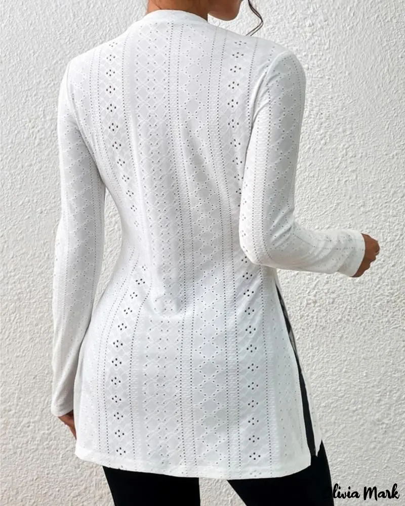 Xieyinshe - Womens Long Sleeve Eyelet Embroidery Slit Blouse