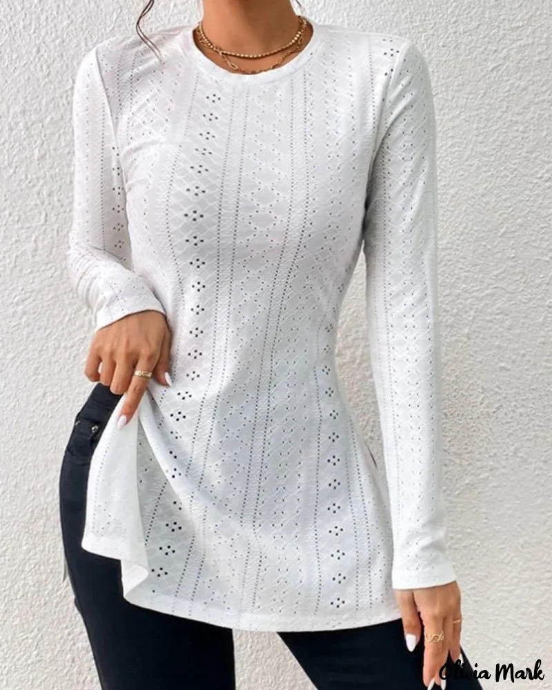 Xieyinshe - Womens Long Sleeve Eyelet Embroidery Slit Blouse