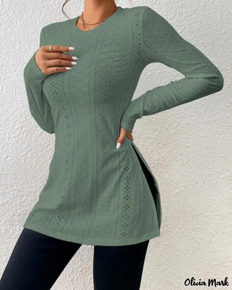 Xieyinshe - Womens Long Sleeve Eyelet Embroidery Slit Blouse