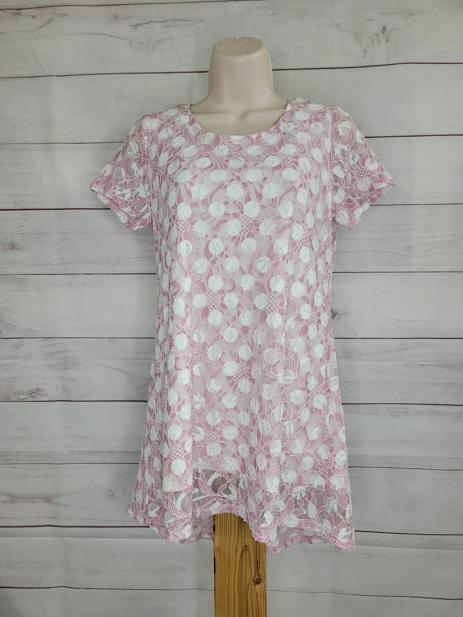 XXSMALL PINK A350144 Susan Graver Printed Stretch Lace Peplum Back Top