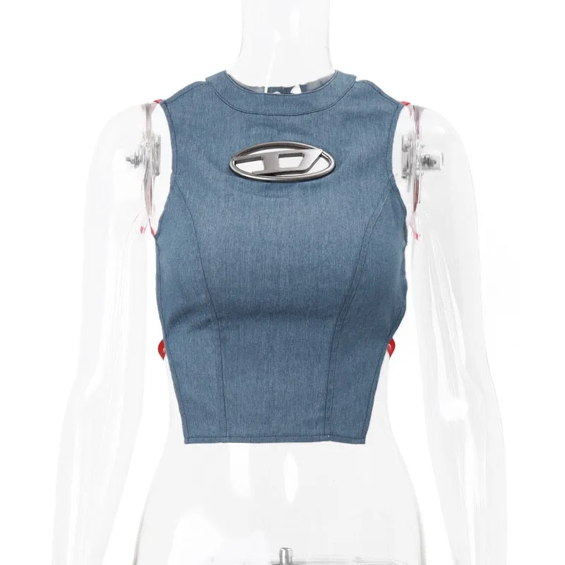 Y2k Women Blue Denim Slim Tank Top Backless Sexy Half-high Collar Crop Tops Lace-up Streetwear Irregular Corsets Vest