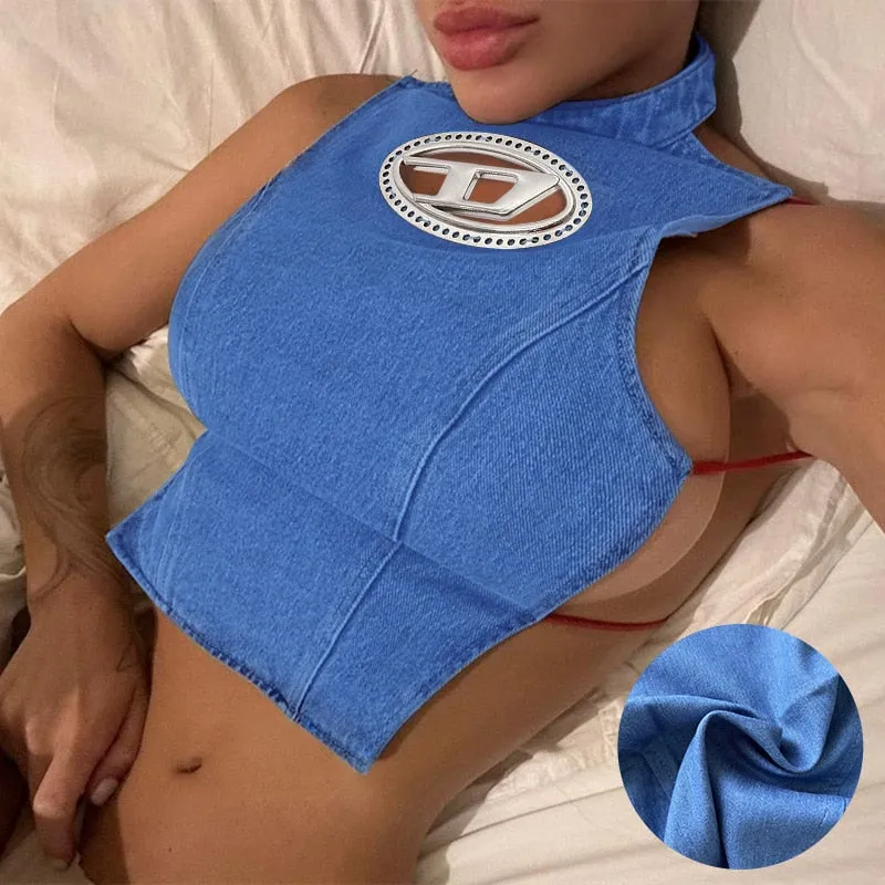 Y2k Women Blue Denim Slim Tank Top Backless Sexy Half-high Collar Crop Tops Lace-up Streetwear Irregular Corsets Vest