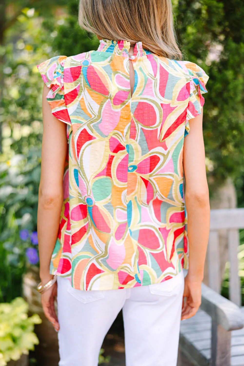 Yellow Abstract Print Ruffled Flutter Sleeve Ruched Blouse